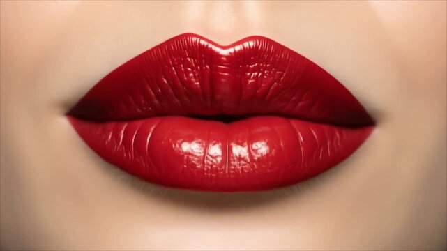Extreme close-up of bright red, glossy lips and the top row of teeth