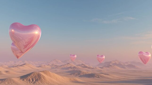 Glossy pink heart shaped balloons gently float in the clear sky above soft desert like mountains, creating a dreamy romantic atmosphere. Ideal for Valentine s Day promotions, wedding videos, love stor