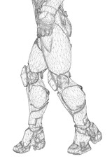 Cyber warrior woman in wireframe armor stands ready for battle with a determined expression and weapon in hand.