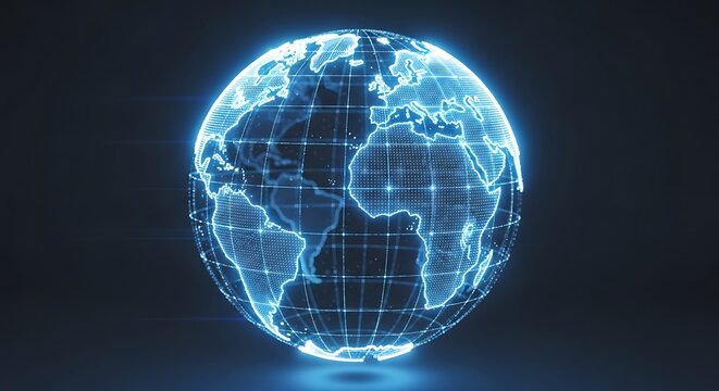 Digital Earth Hologram Glowing Blue Network Grid.