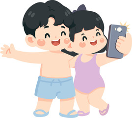 Cute cartoon children in colorful swimsuits taking a fun selfie together at the beach. Happy summer vacation concept with smiling faces, bright sky, and tropical vibe. Perfect for family, holiday, and