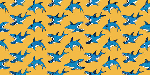 Seamless pattern of cute cartoon sharks with open mouths and sharp teeth on a yellow background