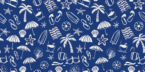 Seamless pattern of hand drawn beach icons including palm trees umbrellas surfboards and starfish on a blue background