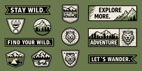 Collection of adventure and exploration themed patches with inspirational quotes and wild animal graphics
