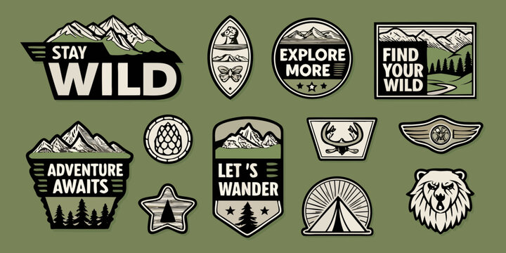 Collection of vintage outdoor adventure patches and stickers with inspirational slogans for exploration