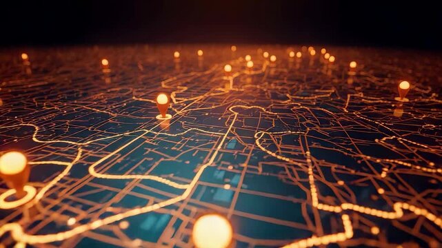 Glowing digital map network with illuminated location pins and connected routes showcasing global navigation, GPS tracking and modern technology