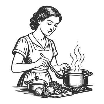 woman preparing soup at a stove, surrounded by fresh vegetables and kitchenware sketch engraving generative ai fictional character vector illustration. Scratch board imitation. Black and white image.