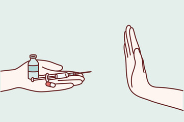 Obraz premium Human hand refusing syringe and medicine offer, drug rejection and anti narcotic concept, Hand drawn style vector design illustrations.