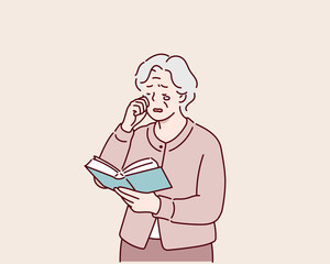 Elderly Woman Crying Emotionally While Reading Book Hand drawn style vector design illustrations.
