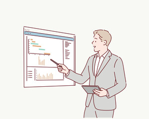 Business Man Analyzing Data Chart on Screen Hand drawn style vector design illustrations.