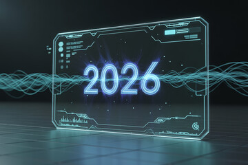 Fototapeta premium Futuristic holographic display projects the year 2026 amidst glowing digital data streams and vibrant energy waves, symbolizing innovation and future technology