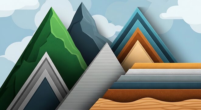 Abstract Mountain Landscape with Layered Geometric Shapes and Clouds. - Powered by Adobe