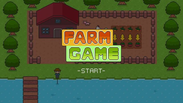 8-bit pixel art cute farm with people and animals with title and start text llike rpg game intro. looped animation 4k 30fps