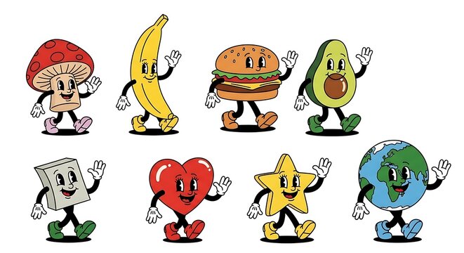 Whimsical cartoon food and objects characters waving hello