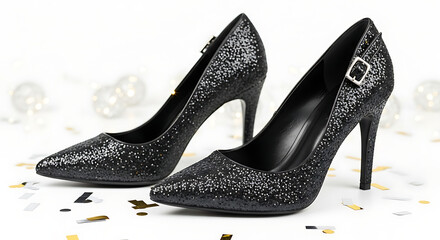 Dazzling black glitter high-heeled shoes, exuding elegance and festive charm, ideal for sophisticated parties, evening wear, and special occasions