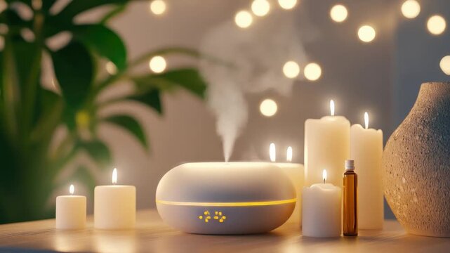 Tranquil candlelit room with aroma diffuser and warm lighting for relaxation