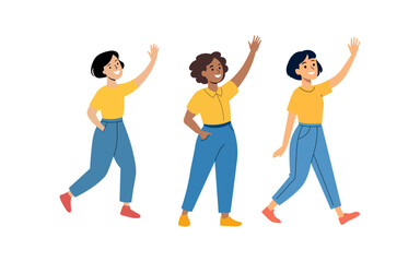 Three Diverse Women Waving Hello While Walking Together on White Background