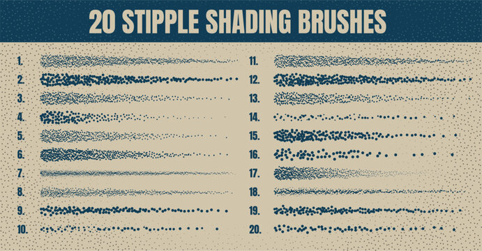 Ink scatter brush, stipple drawing and texturing. Fading gradient. Stippling, dotwork drawing, shading using dots. Halftone disintegration effect. White noise grainy texture. Vector illustration