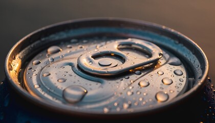 Close-up of a Soda Can Top with Water Droplets in Warm Lighting