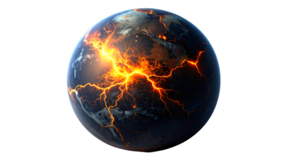 Catastrophic energy ruptures a dying planet, revealing molten core and lava amidst space clouds. Digital art apocalypse concept.