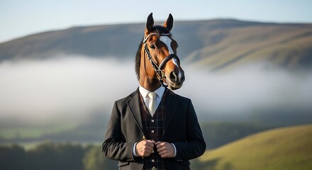 Elegant Horse-Headed Man in Suit Standing in Misty Mountain Landscape.