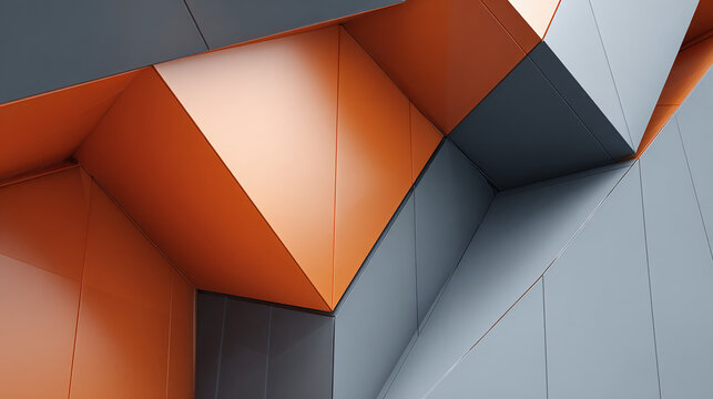 Abstract geometric forms in orange and grey hues create a modern architectural statement. The angular shapes and interplay of light and shadow evoke a sense of depth and dynamism