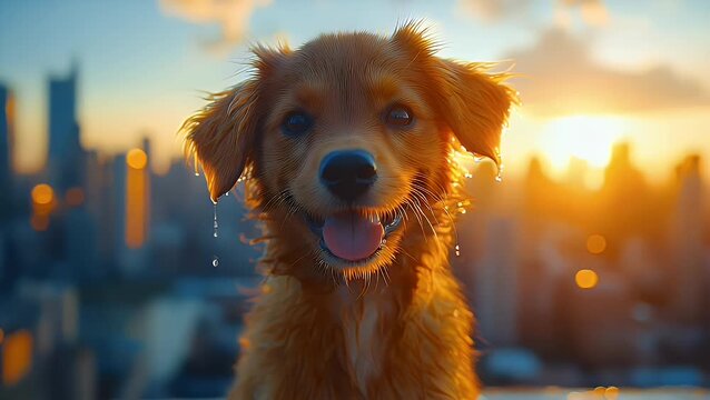 Happy wet puppy smiling in city morning sunlight
