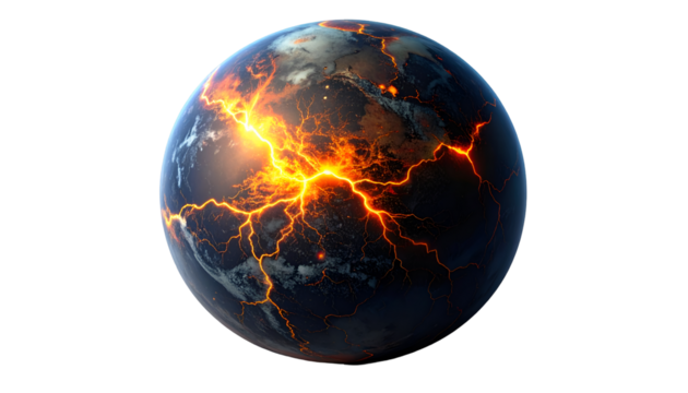 Catastrophic energy ruptures a dying planet, revealing molten core and lava amidst space clouds. Digital art apocalypse concept. - Powered by Adobe