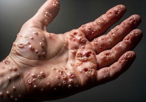 Close up of infected human hand with skin lesions and pustules indicating disease symptoms or viral infection, high detail medical visualization for health warnings, trypophobia