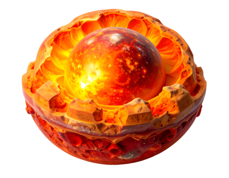Scientific Illustration of Planet Cross-Section with Molten Core, Mantle, and Crust Layers