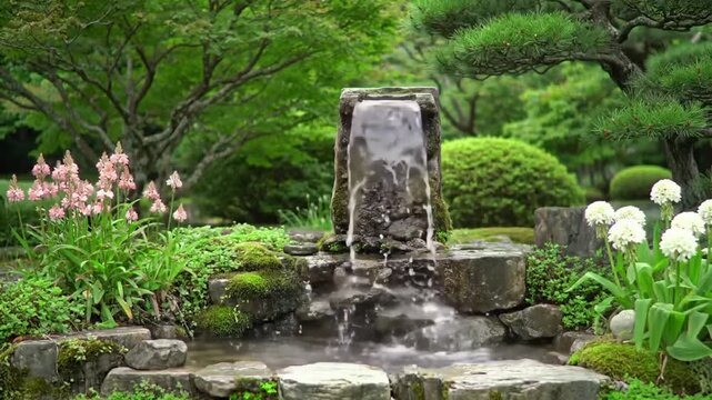 A still cinematic frame of a mountain fountain with gently running water. The camera is fixed and locked &mdash; absolutely no movement, no zoom, no panning, no angle change. Peaceful Zen garden, natural li