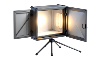 Professional photography studio setup with portable lightbox, tripod, and reflector for product shoots