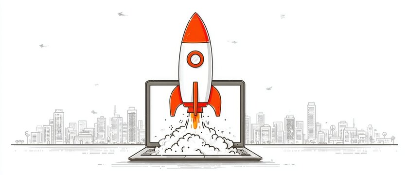 Cartoon rocket launches from a laptop in front of city skyline. Illustrates startups, new business, innovation and modern technology.