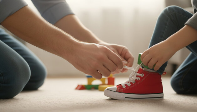 Close-up of a father's hands teaching his child to tie shoelaces on a red sneaker.