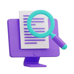 Computer screen magnifying glass over document analysis and research isolated on transparent background