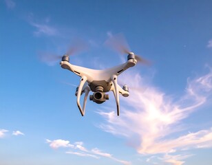 Overhead view of a hovering, white quadcopter against a partly cloudy sky
