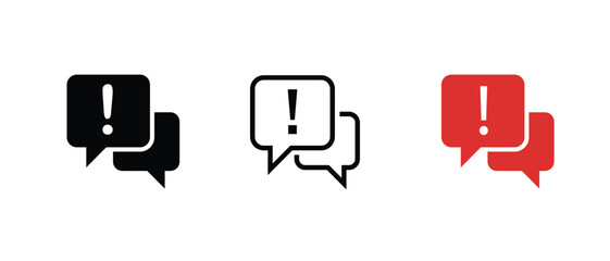 Exclamation mark message icon set. Chat alert symbol. Danger sign with speech bubble. Vector illustration