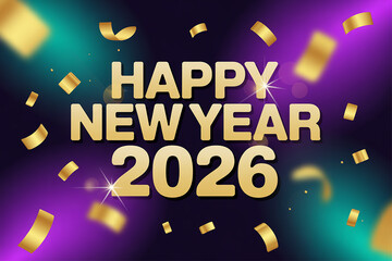 Celebrate the upcoming year with a dazzling 'Happy New Year 2026' message surrounded by shimmering gold confetti and vibrant bokeh lights for festive occasions