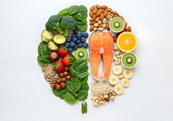 Brain-shaped arrangement of healthy foods on white background promoting mental health and nutrition, ideal for diet awareness and brain boosting content