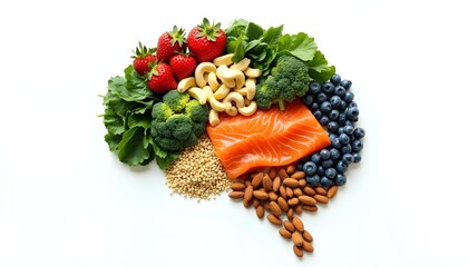 Brain-shaped arrangement of healthy foods on white background promoting mental health and nutrition, ideal for diet awareness and brain boosting content
