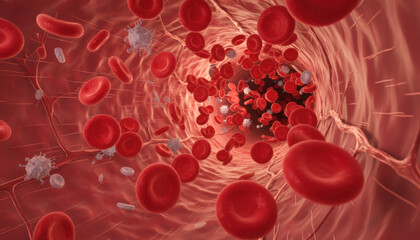 Fototapeta na wymiar Red blood cells travel through a human artery, illustrating the dynamic environment of blood flow. The image shows immune cells responding to the presence of bacteria within the bloodstream