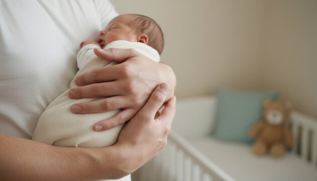 A caring father holds his sleeping newborn baby in his arms