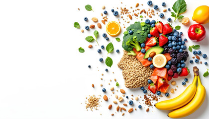 Brain-shaped arrangement of healthy foods on white background promoting mental health and nutrition, ideal for diet awareness and brain boosting content
