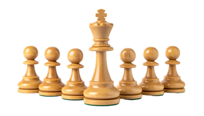 chess pieces, king followed by pawns, isolated on transparent background, icon of leadership