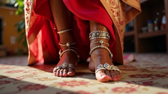 Elegant Indian bride's feet adorned with traditional anklets and toe rings, a symbol of love and commitment as she takes her first steps.