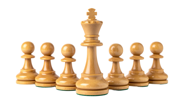 chess pieces, king followed by pawns, isolated on transparent background, icon of leadership