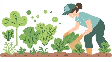 Woman harvesting fresh green vegetables from her garden.