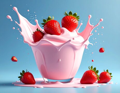 Pink splash of a creamy dessert with fresh red strawberries