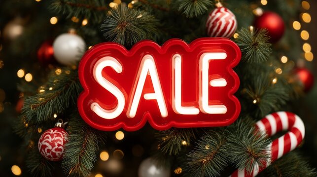 A vibrant neon sign reading SALE shines brightly among green pine branches and ornaments. Red and white decorations twinkle, creating a festive atmosphere that invites holiday shoppers