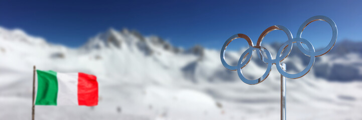 Naklejka premium Olympic rings, italian flag and snowy mountains in the Alps panoramic background, 2026 winter olympics Milan Cortina, olympic games web banner